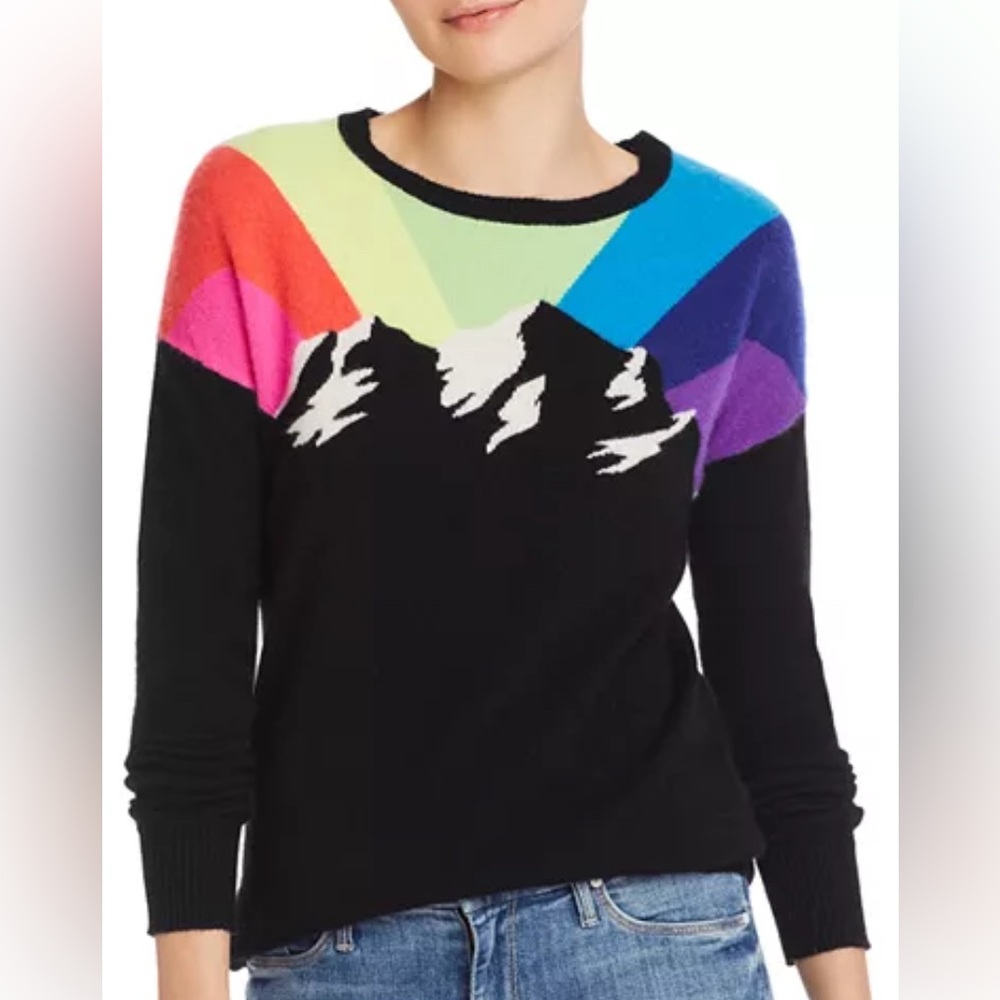100% cashmere black and rainbow mountain crewneck sweater by Aqua XS New w/o tag